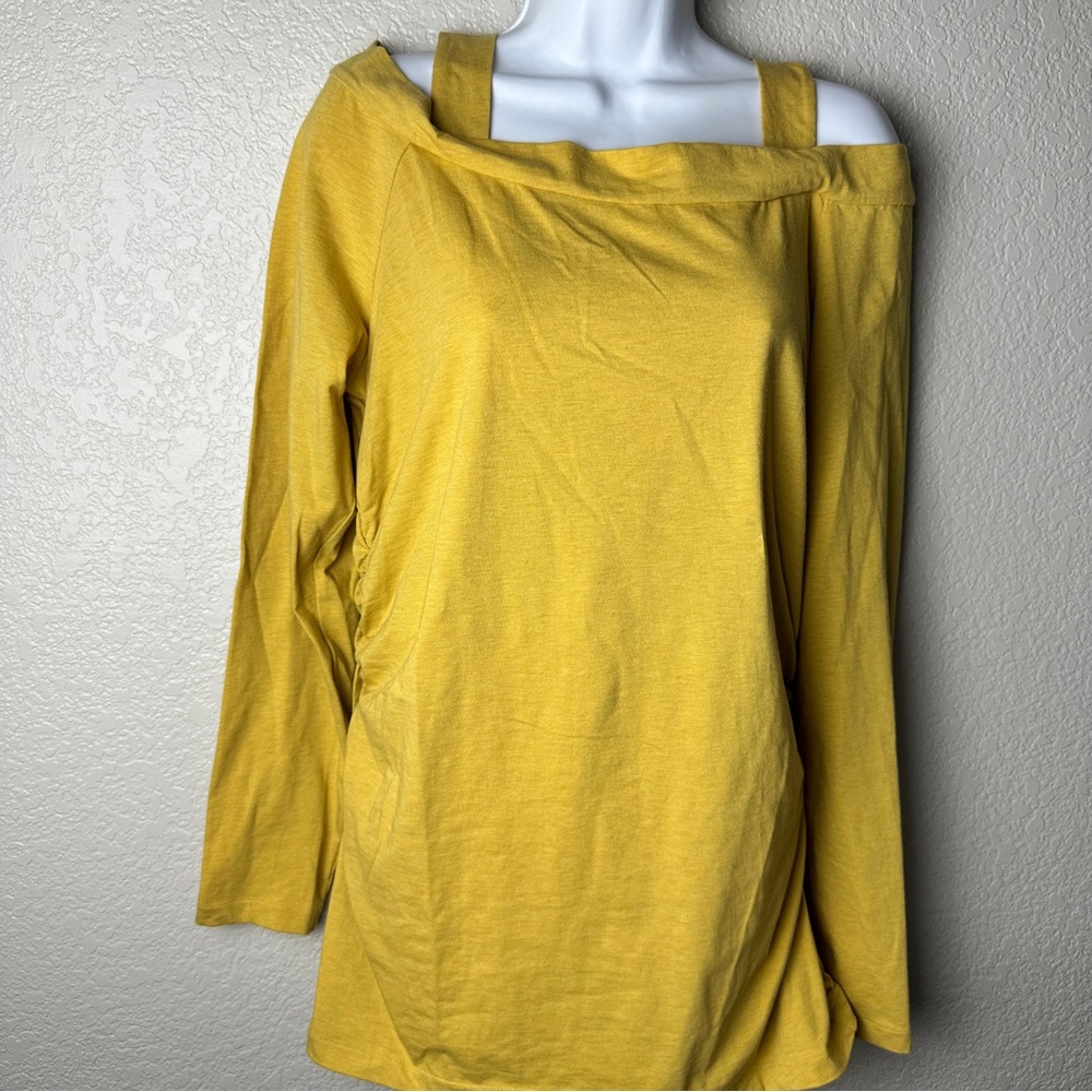 Lafayette 148 New York Mustard Off-Shoulder t-shirt knit top ruched sides XL